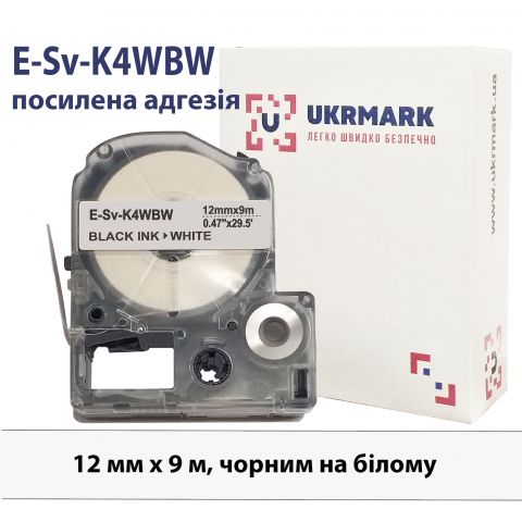 UKRMARK E-Sv-K4WBW, усиленная адгезия, 12мм х 9м, черным на белом, совместима с Epson LK-4WBW