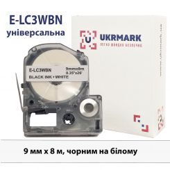 UKRMARK E-LC3WBN, універсальна, 9мм х 8м, чорним на білому, сумісна з Epson LC-3WBN, стрічка для принтерів етикеток