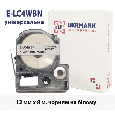 UKRMARK E-LC4WBN, универсальная, 12мм х 8м, черным на белом, совместима с Epson LC-4WBN, лента для принтеров этикеток