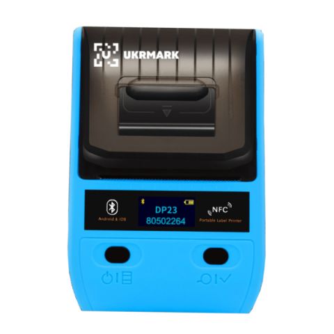 Портативный термопринтер UKRMARK DP23BL, USB/Bluetooth, рулоны 15-58 мм, для чеков/этикеток, синий. Печать на термобумаге и полимерных этикетках.