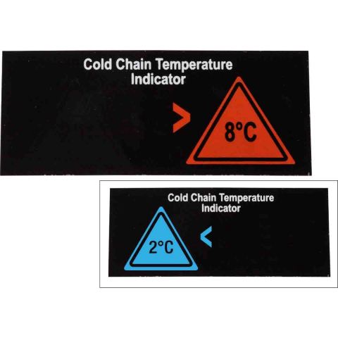 TIL-9-2C-8C обратимая этикетка, 2-уровневая индикация температуры 2-8°C (синий/красный треугольник), 96 х 40мм, 10шт. в упаковке.