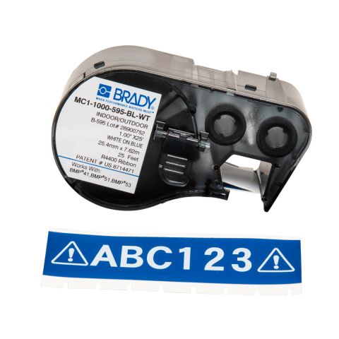 Лента для принтера этикеток BRADY MC1-1000-595-BL-WT. Беспрерывная лента: 25,40 мм х 7,62 м. Цвет: белый на синем