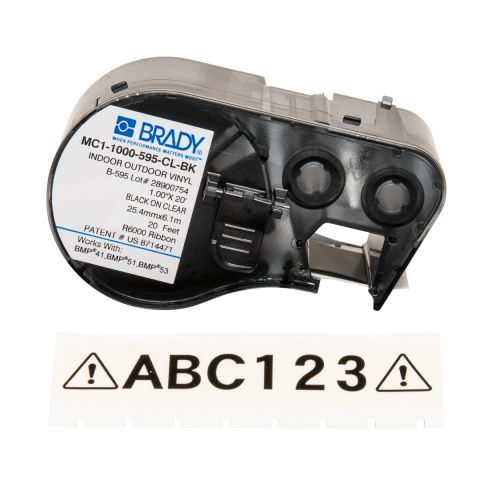 Лента для принтера этикеток BRADY MC1-1000-595-CL-BK. Беспрерывная лента: 25,40 мм х 7,62 м. Цвет: черный на прозрачном