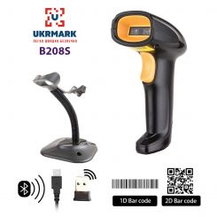 Сканер штрих-кодов UKRMARK EV-B208 с подставкой, для 1D, 2D, QR кодов, CMOS, 3-в-1: Проводной (USB) / Беспроводной (Bluetooth и 2.4GHz)