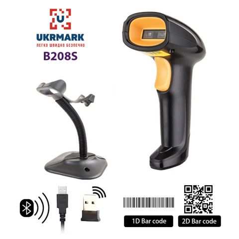 Сканер штрих-кодів UKRMARK EV-B208S з підставкою, для 1D, 2D, QR кодів, CMOS, 3-в-1: Дротовий (USB) / Бездротовий (Bluetooth та 2.4GHz)
