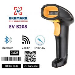 Сканер штрих-кодів UKRMARK EV-B208 для 1D, 2D, QR кодів, CMOS, 3-в-1: Дротовий (USB) / Бездротовий (Bluetooth та 2.4GHz), Відповідає вимогам супермаркетів