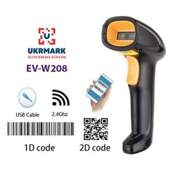 Сканер штрих-кодів UKRMARK EV-W208 для 1D, 2D, QR кодів, CMOS, дротовий (USB) / бездротовий (2.4GHz)