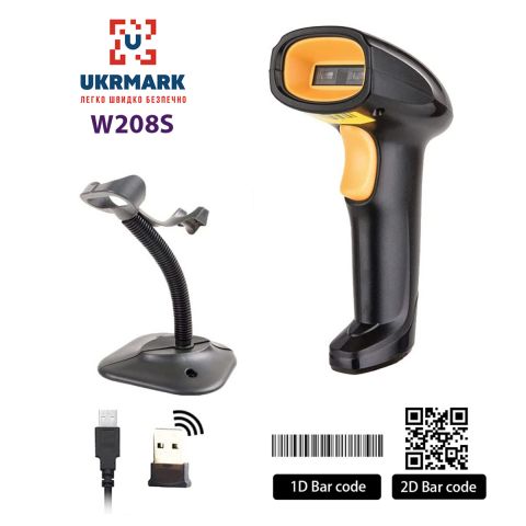 Сканер штрих-кодів UKRMARK EV-W208S з підставкою, для 1D, 2D, QR кодів, CMOS, дротовий (USB) / бездротовий (2.4GHz)