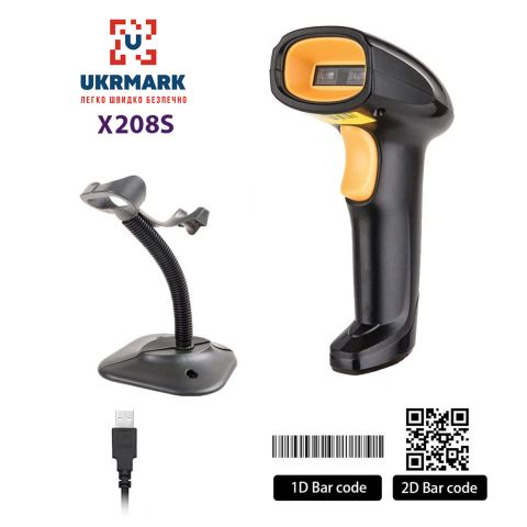 Сканер штрих-кодів UKRMARK X208S з підставкою, ручний 2D сканер QR- та штрих-кодів, дротовий